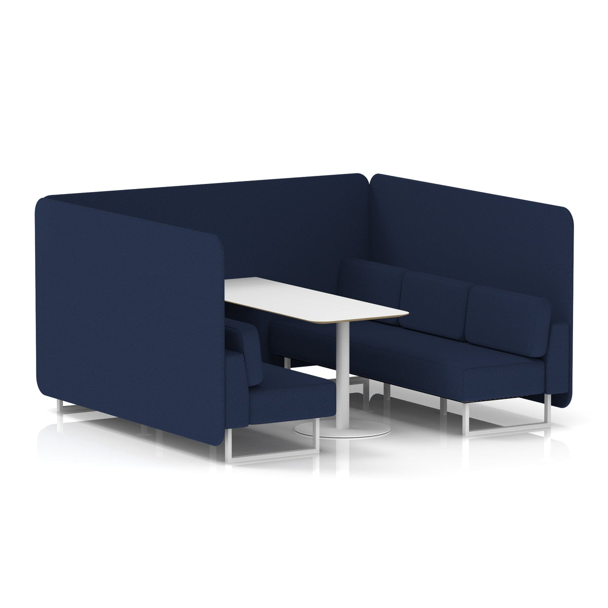 Commercial 6 Seater Privacy Booth – Bench with White Table – Single Tone – Crib 5 Synergy - Alike Panels And Sofa White - Industrious Decor