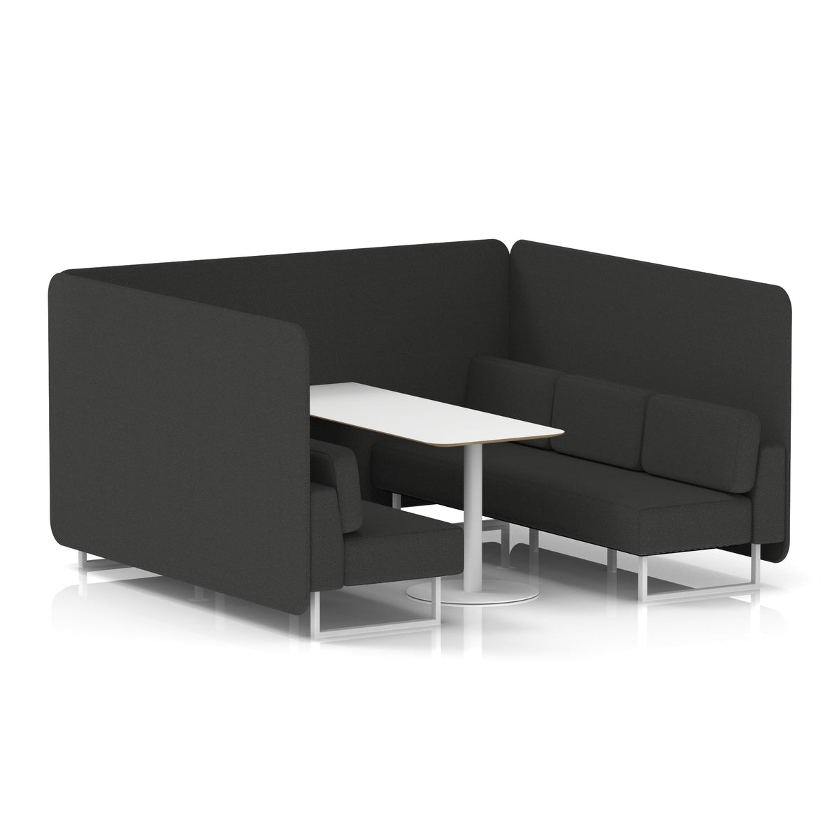Commercial 6 Seater Privacy Booth – Bench with White Table – Single Tone – Crib 5 Synergy - Mix Panels And Sofa White - Industrious Decor