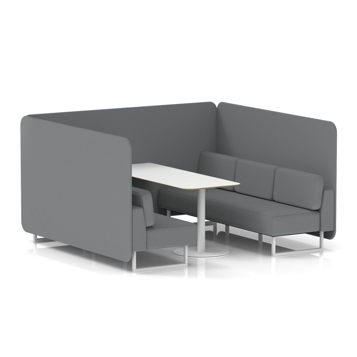 Commercial 6 Seater Privacy Booth – Bench with White Table – Single Tone – Crib 5 Synergy - Partner Panels And Sofa White - Industrious Decor