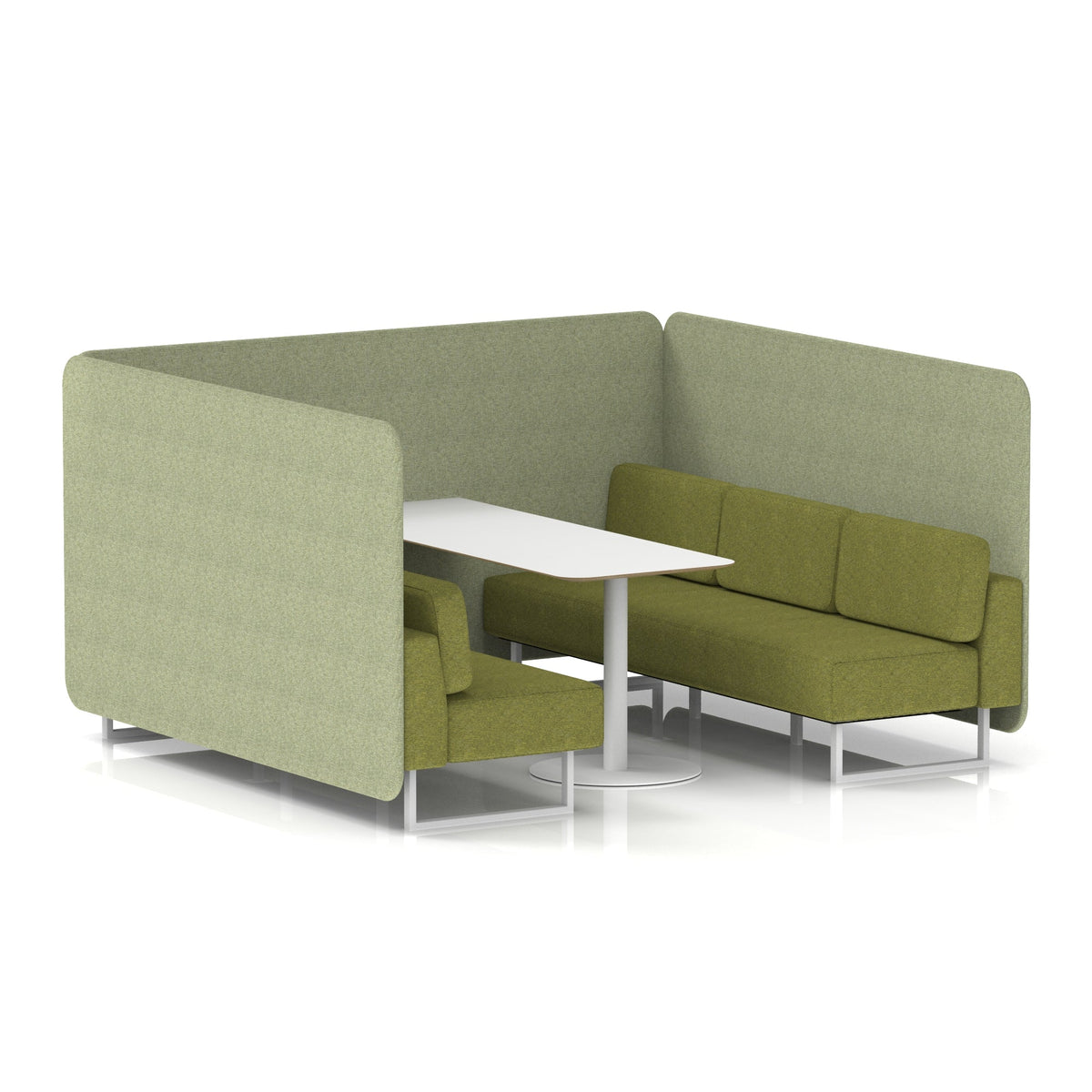 Commercial 6 Seater Privacy Booth – Bench with White Table – Two Tone – Crib 5 Rivet - Burnish Panels And Olive Sofa White - Industrious Decor