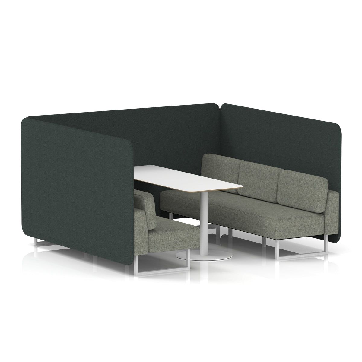 Commercial 6 Seater Privacy Booth – Bench with White Table – Two Tone – Crib 5 Rivet - Charcoal Panels And Vitreous Sofa White - Industrious Decor