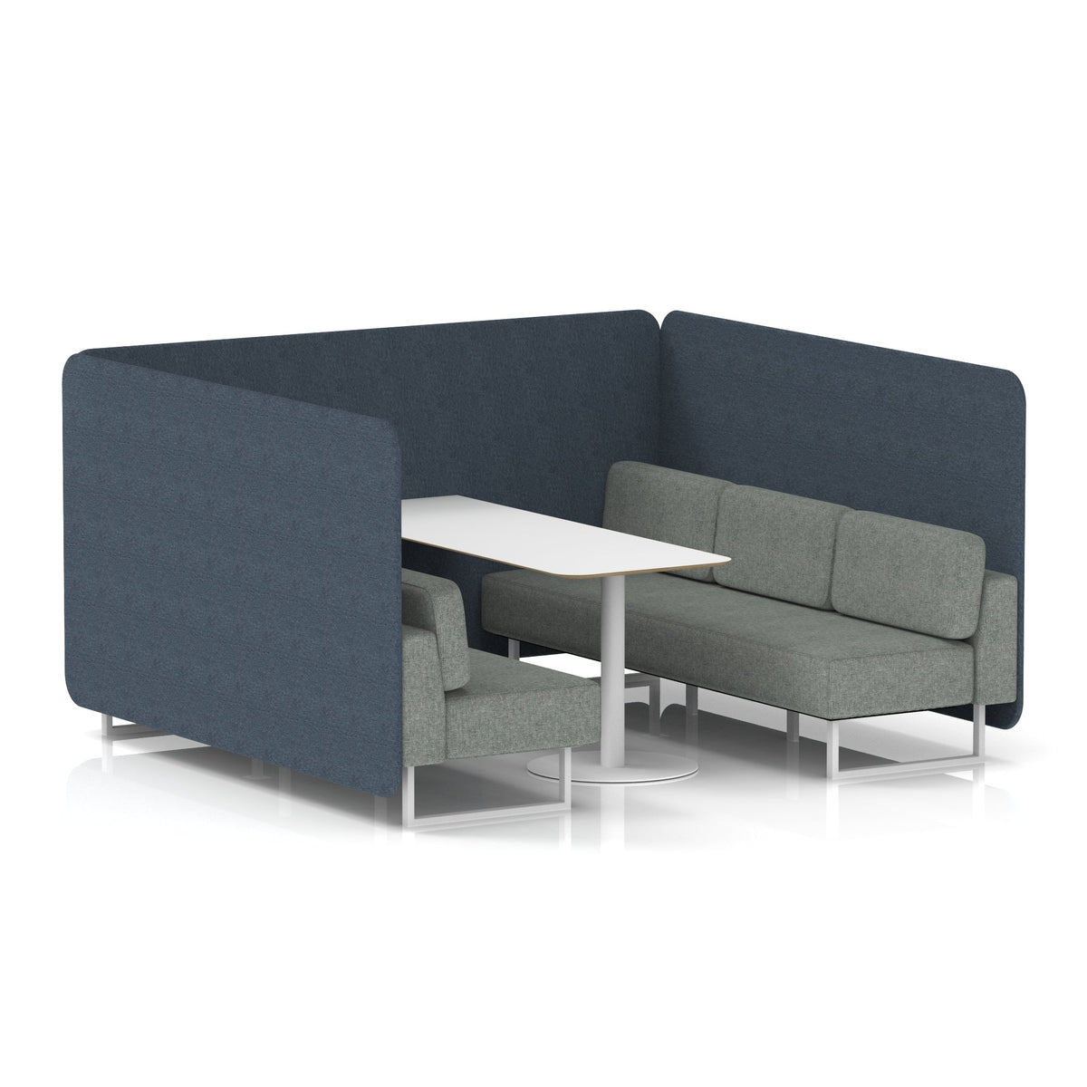Commercial 6 Seater Privacy Booth – Bench with White Table – Two Tone – Crib 5 Rivet - Crucible Panels And Prime Sofa White - Industrious Decor