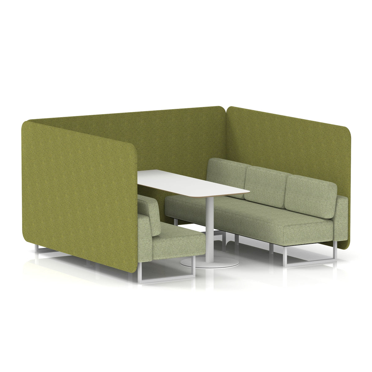 Commercial 6 Seater Privacy Booth – Bench with White Table – Two Tone – Crib 5 Rivet - Olive Panels And Burnish Sofa White - Industrious Decor