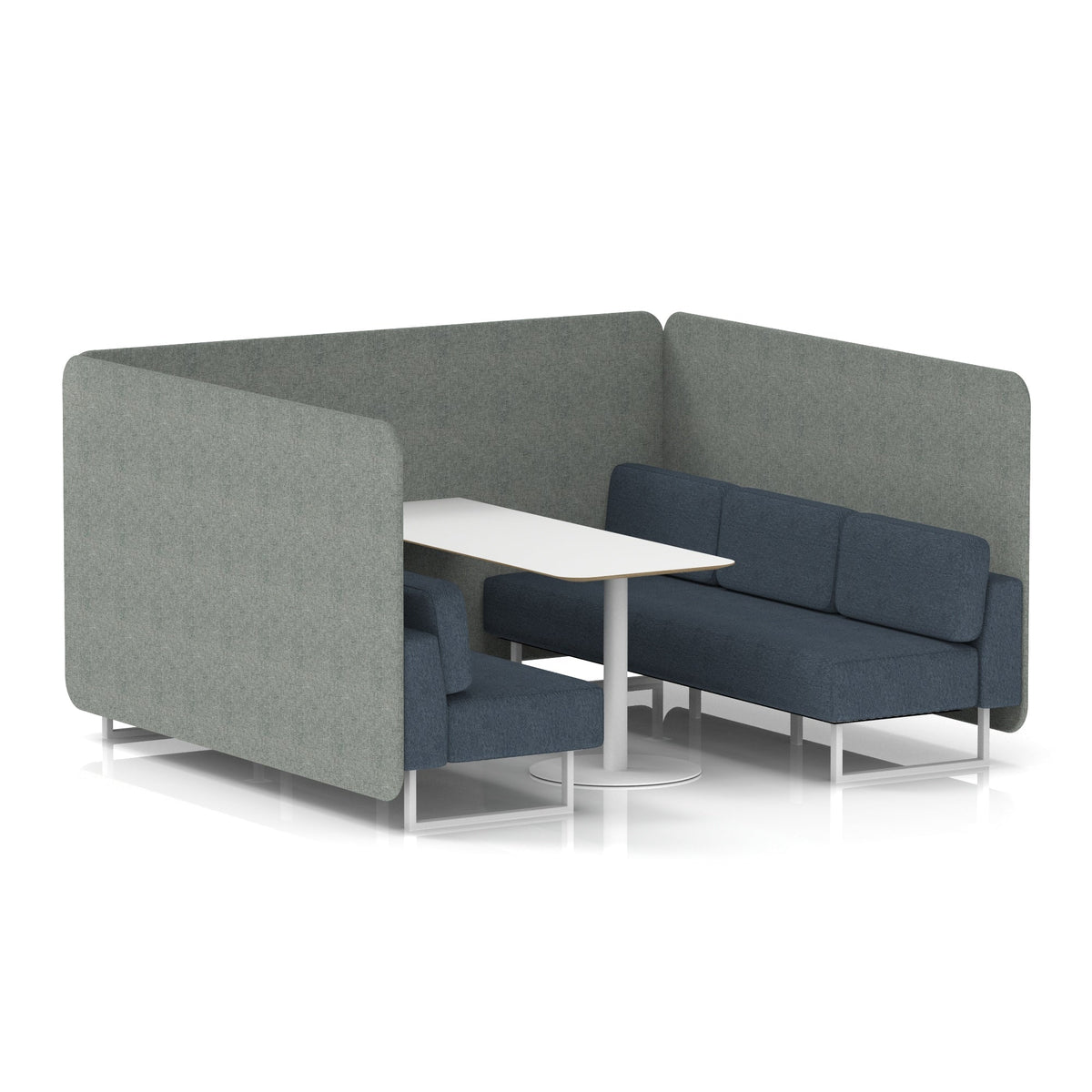 Commercial 6 Seater Privacy Booth – Bench with White Table – Two Tone – Crib 5 Rivet - Prime Panels And Crucible Sofa White - Industrious Decor