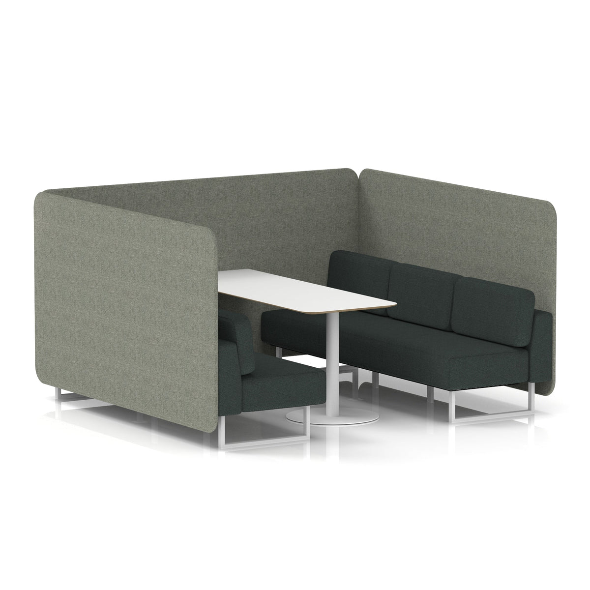Commercial 6 Seater Privacy Booth – Bench with White Table – Two Tone – Crib 5 Rivet - Vitreous Panels And Charcoal Sofa White - Industrious Decor