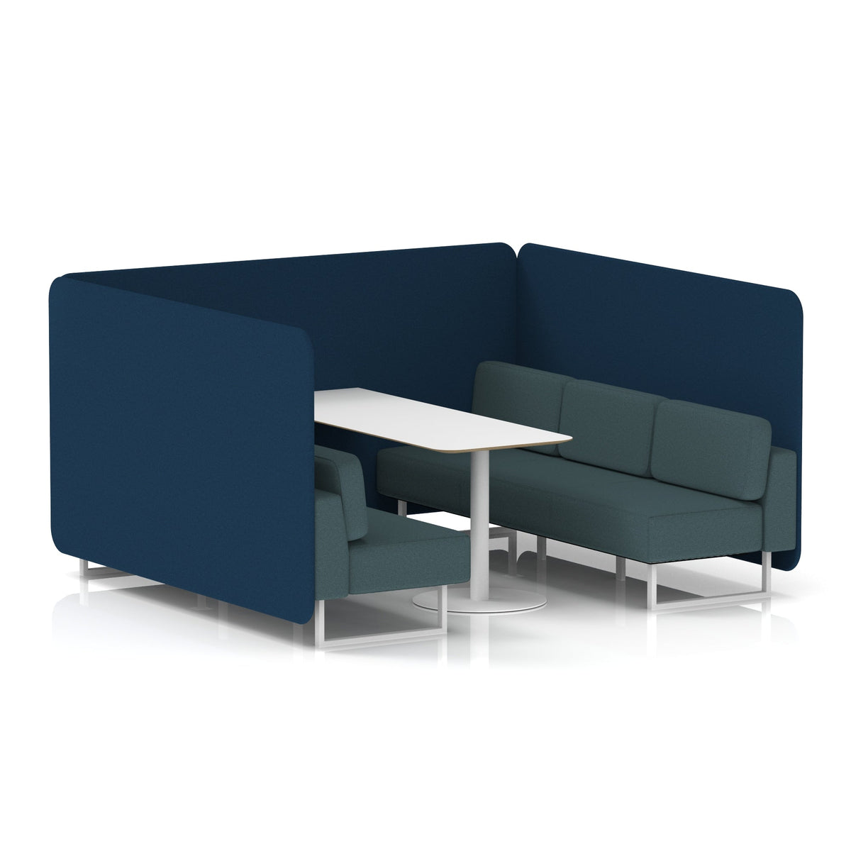 Commercial 6 Seater Privacy Booth – Bench with White Table – Two Tone – Crib 5 X2 - Calculus Panels And Polygon Sofa White - Industrious Decor