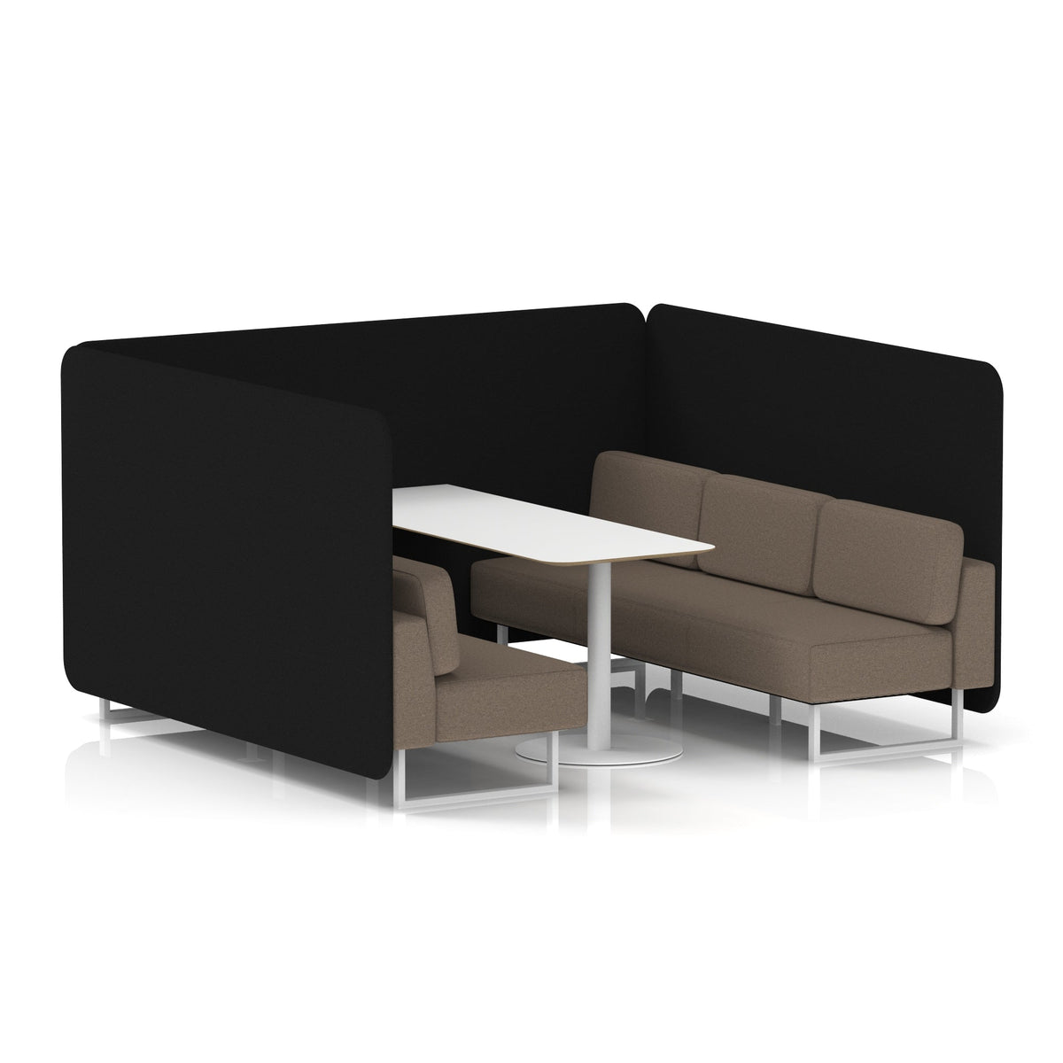 Commercial 6 Seater Privacy Booth – Bench with White Table – Two Tone – Crib 5 X2 - Diameter Panels And Theory Sofa White - Industrious Decor