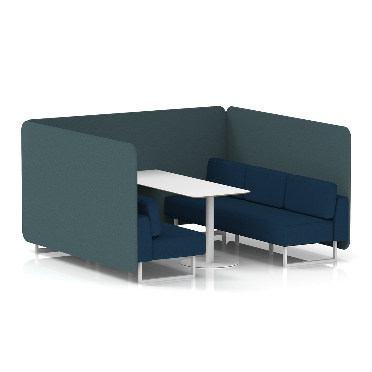 Commercial 6 Seater Privacy Booth – Bench with White Table – Two Tone – Crib 5 X2 - Polygon Panels And Calculus Sofa White - Industrious Decor