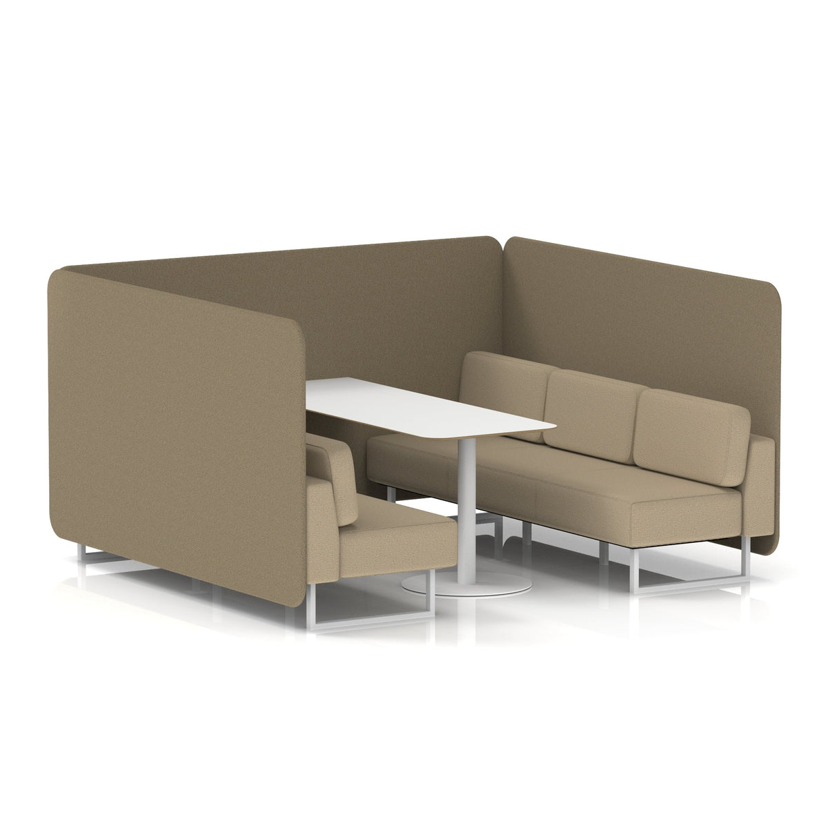 Commercial 6 Seater Privacy Booth – Bench with White Table – Two Tone – Crib 5 Main Line Flax - Bank Panels And Upminster Sofa White - Industrious Decor