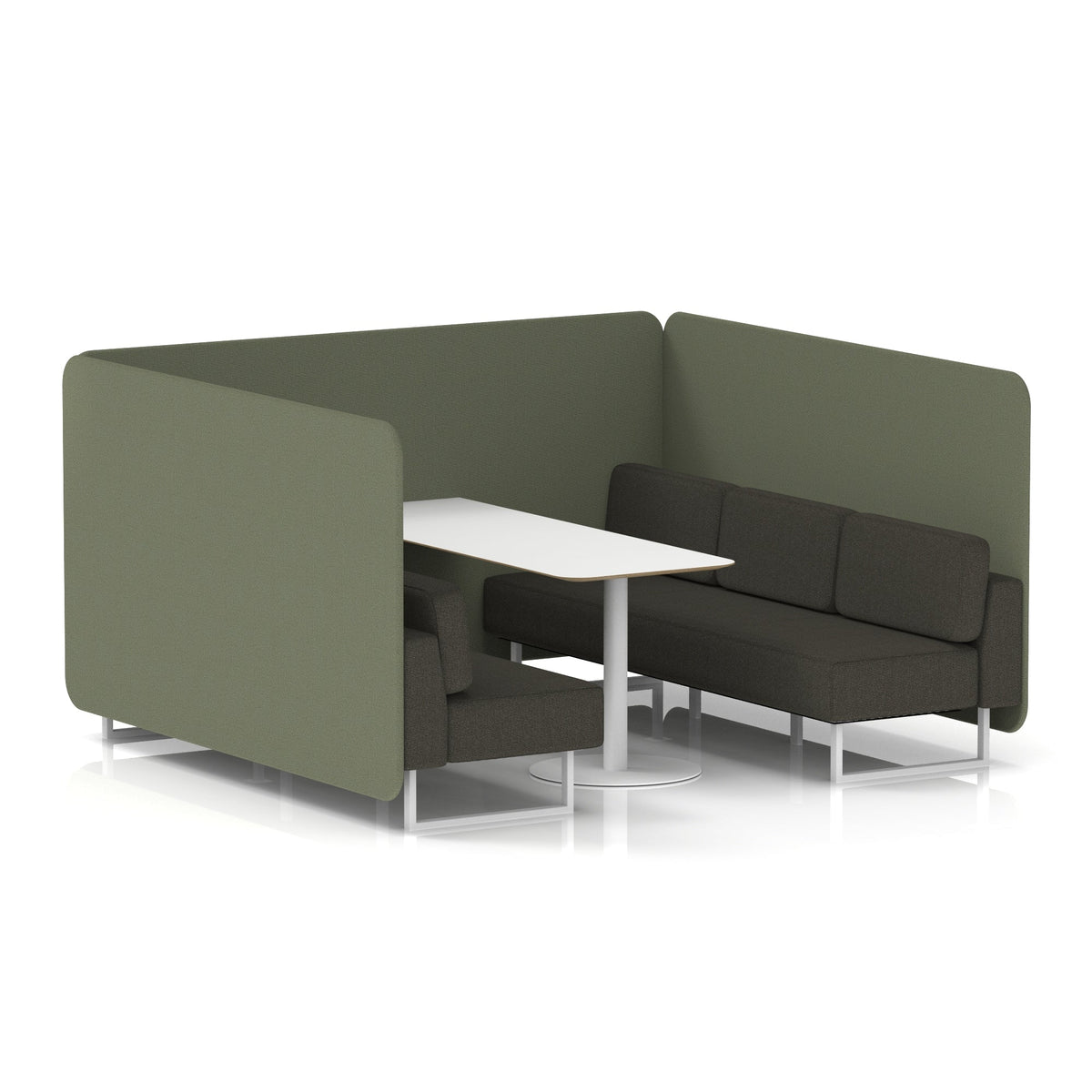 Commercial 6 Seater Privacy Booth – Bench with White Table – Two Tone – Crib 5 Main Line Flax - Monument Panels And Temple Sofa White - Industrious Decor