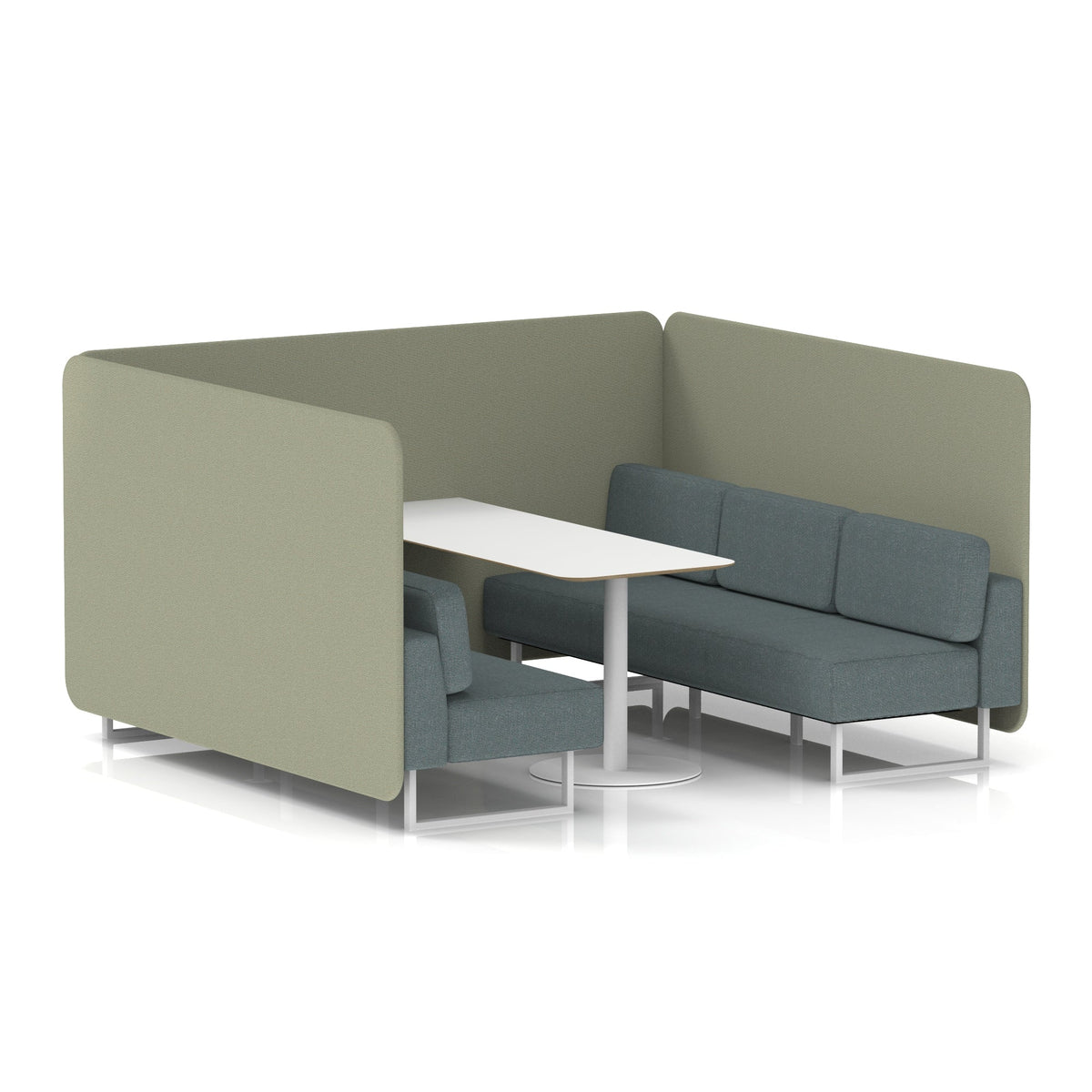 Commercial 6 Seater Privacy Booth – Bench with White Table – Two Tone – Crib 5 Main Line Flax - Newbury Panels And Westminster Sofa White - Industrious Decor