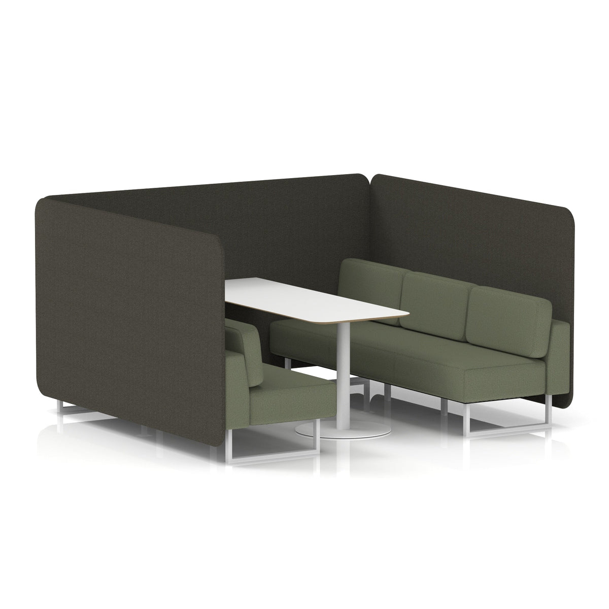 Commercial 6 Seater Privacy Booth – Bench with White Table – Two Tone – Crib 5 Main Line Flax - Temple Panels And Monument Sofa White - Industrious Decor