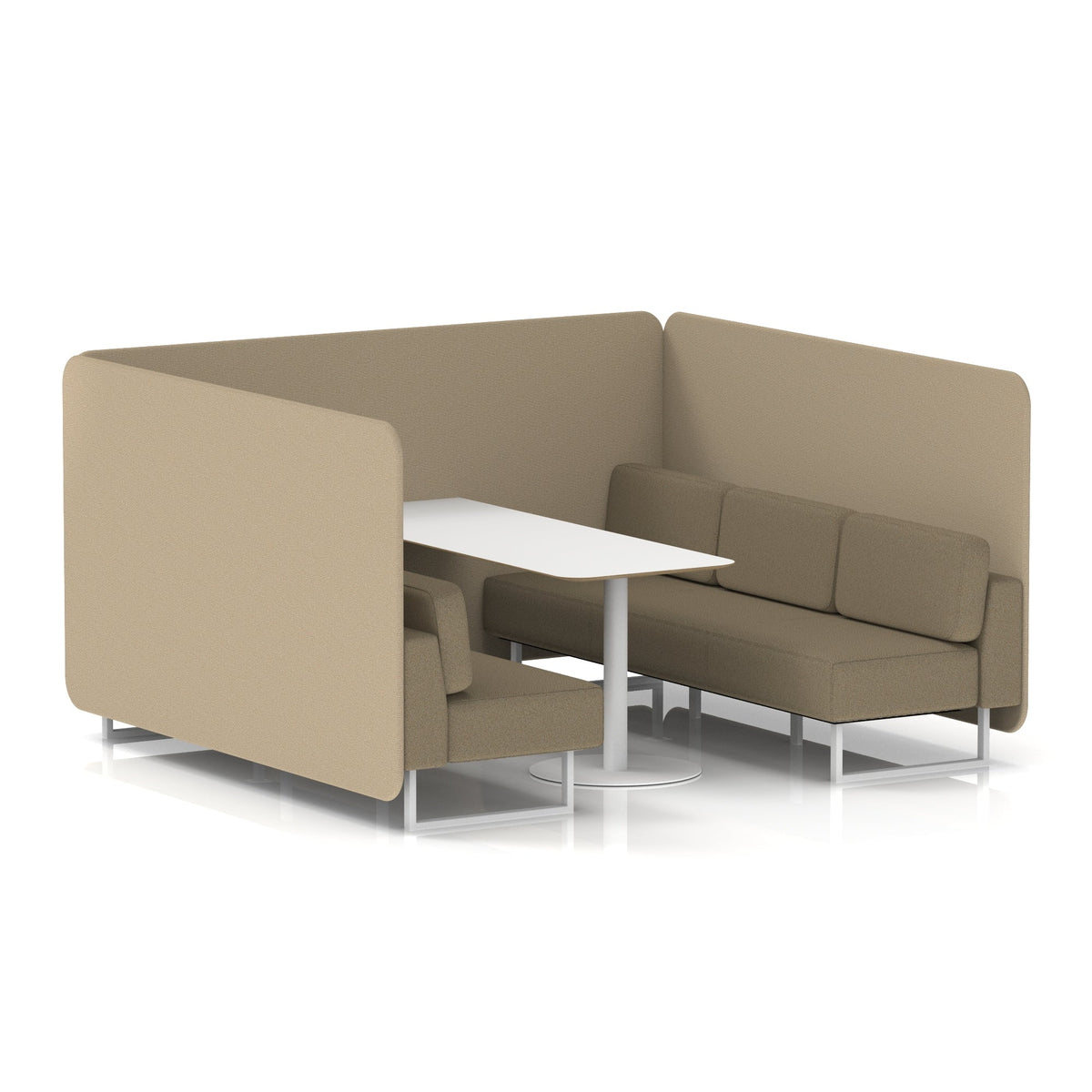 Commercial 6 Seater Privacy Booth – Bench with White Table – Two Tone – Crib 5 Main Line Flax - Upminster Panels And Bank Sofa White - Industrious Decor