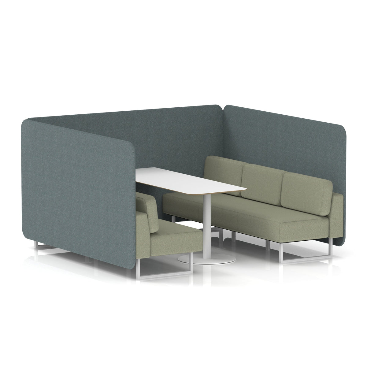 Commercial 6 Seater Privacy Booth – Bench with White Table – Two Tone – Crib 5 Main Line Flax - Westminster Panels And Newbury Sofa White - Industrious Decor