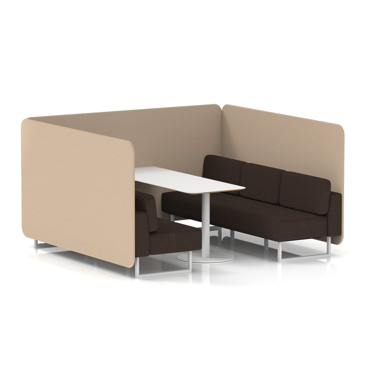 Commercial 6 Seater Privacy Booth – Bench with White Table – Two Tone – Crib 5 Synergy - Affix Panels And Wed Sofa White - Industrious Decor