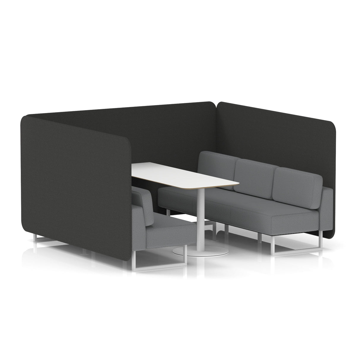 Commercial 6 Seater Privacy Booth – Bench with White Table – Two Tone – Crib 5 Synergy - Mix Panels And Partner Sofa White - Industrious Decor