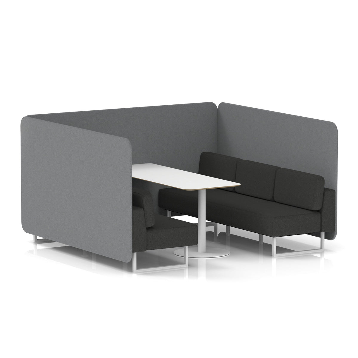 Commercial 6 Seater Privacy Booth – Bench with White Table – Two Tone – Crib 5 Synergy - Partner Panels And Mix Sofa White - Industrious Decor