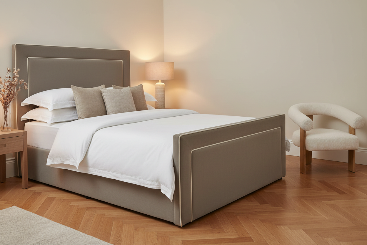Farnham Ottoman Storage Bed – Lifestyle with Fresco Bouclé Chair