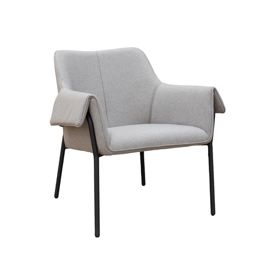 Liana commercial lounge chair in warm grey with black metal frame — front three-quarter view