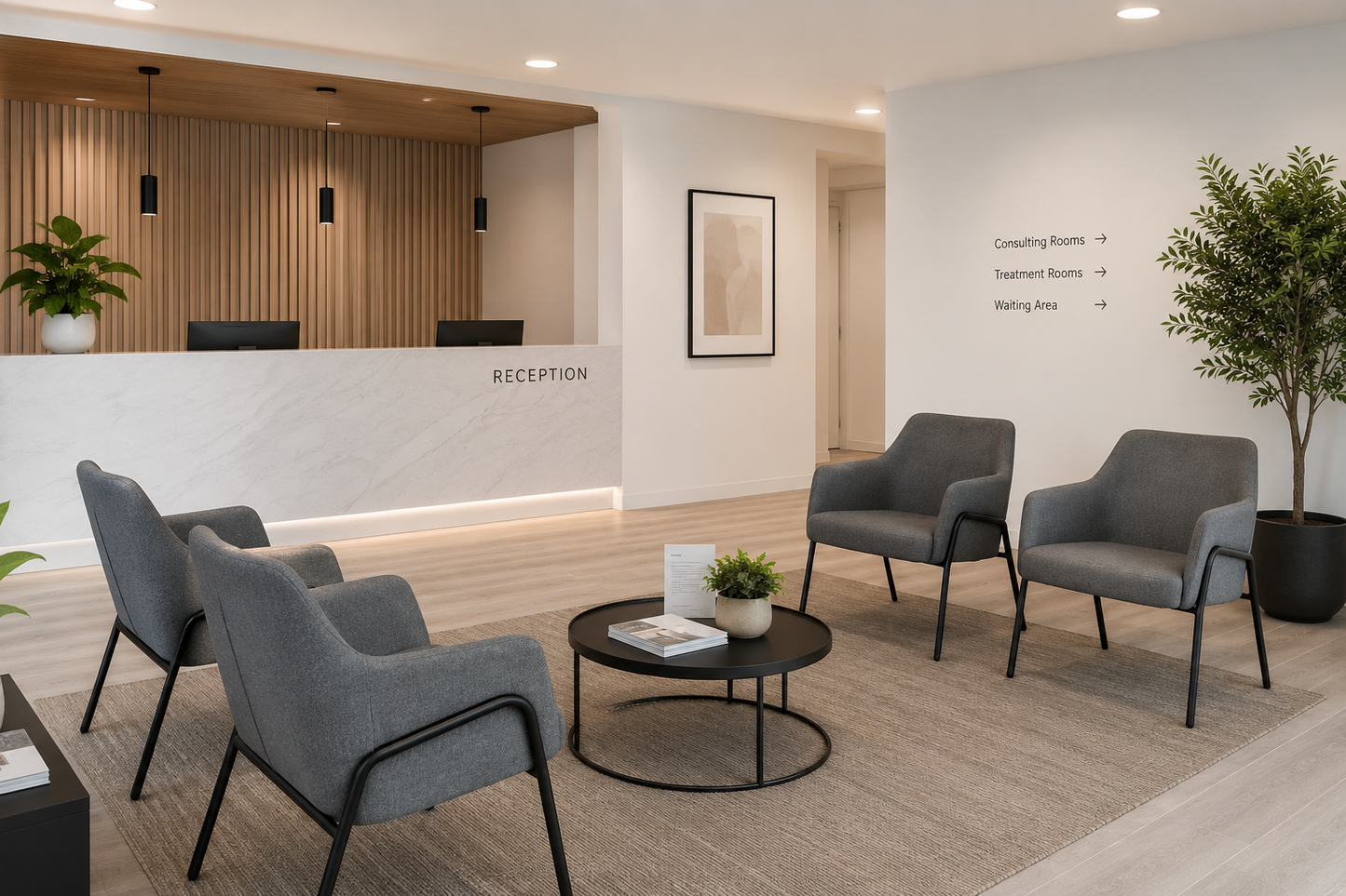 Corby contract lounge chairs in grey arranged in a reception area