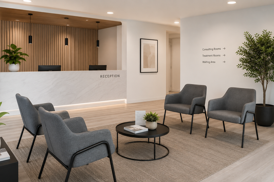 Corby contract lounge chairs in grey arranged in a reception area