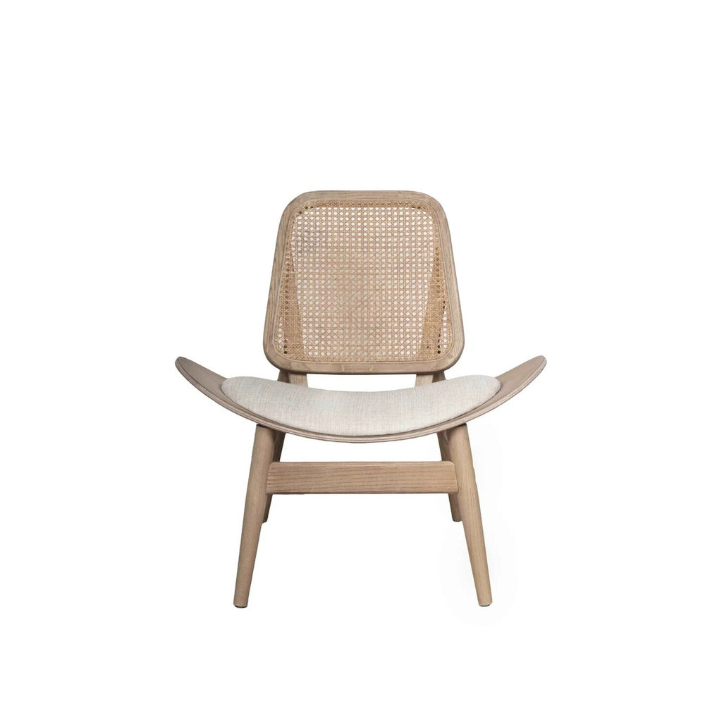 A mid-century modern accent chair with a light natural wood frame, a woven cane backrest, and a curved upholstered seat cushion, shown against a plain white background.