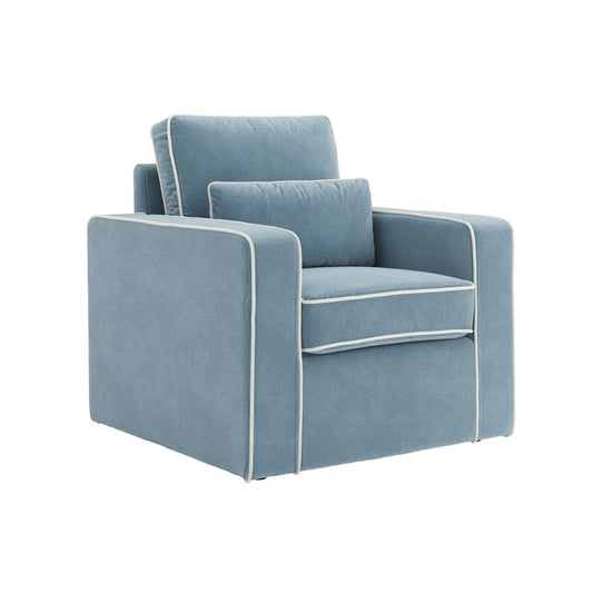 Daisy Armchair - Dusty Blue Velvet with White Piping - Industrious Decor